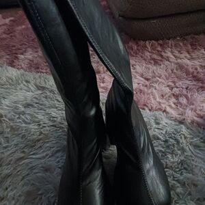 Long Black faux leather platform kneww high boots slide on slide off...